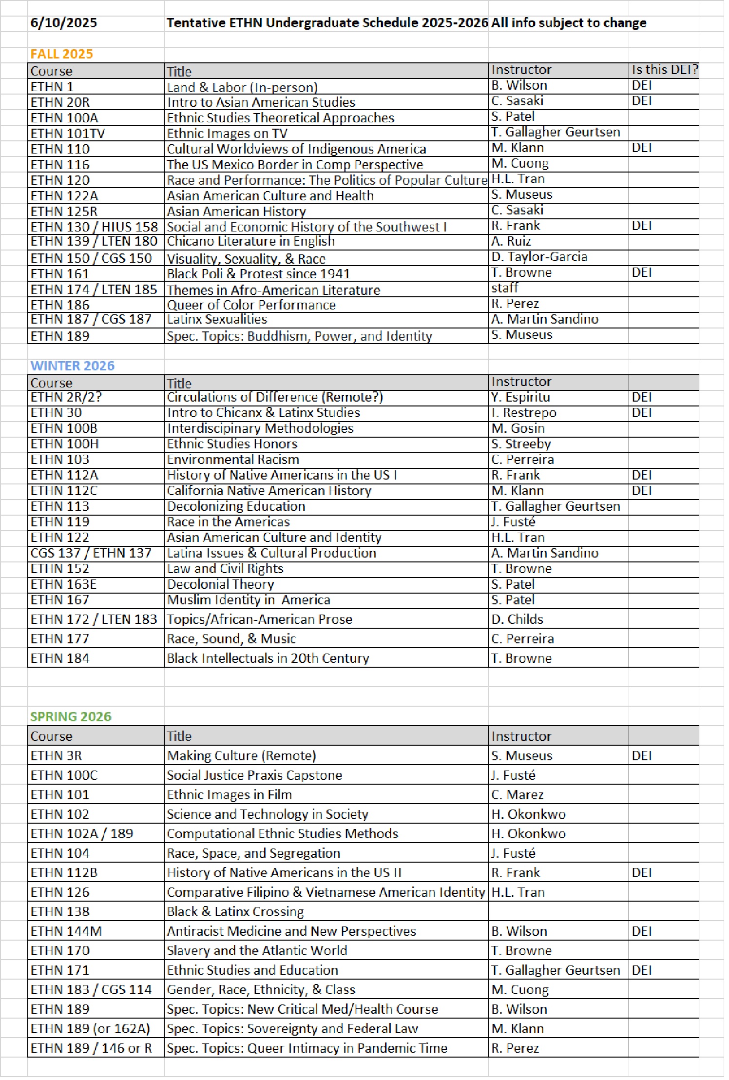 2025-2026 Tentative ETHN Schedule