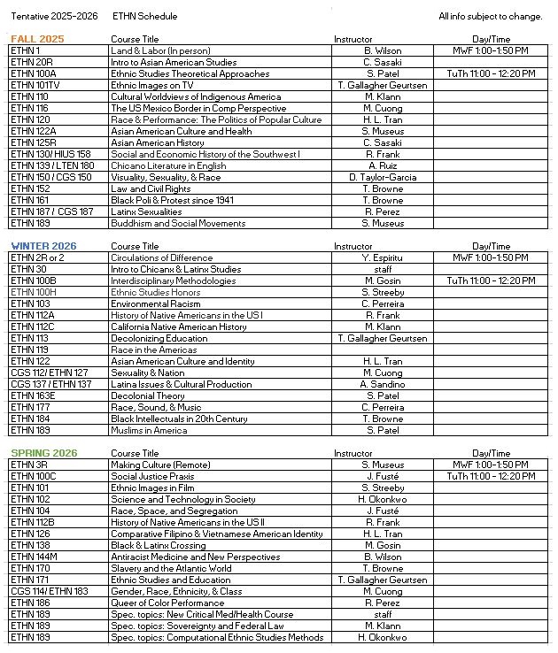 2025-2026 UG ETHN Schedule